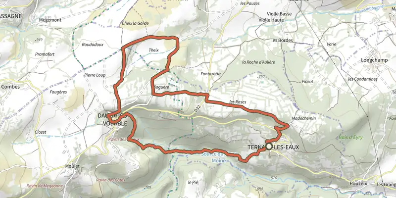 Map of the Dauzat-sur-Vodable track on the IGN map, with the start and numbered waypoints