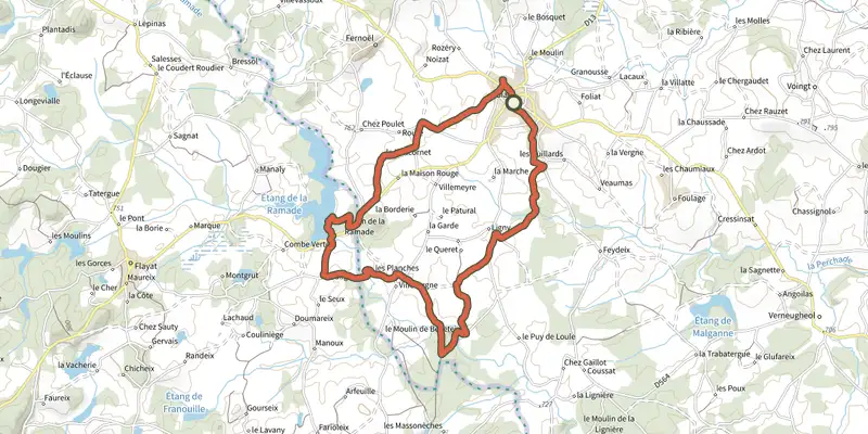 Map of the La Ramade track on the IGN map, with the start and numbered waypoints