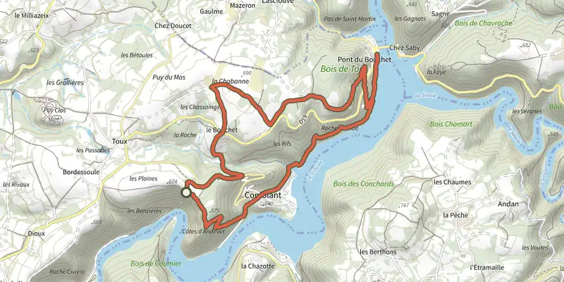 Map of the Pont du Bouchet track on the IGN map, with the start and numbered waypoints