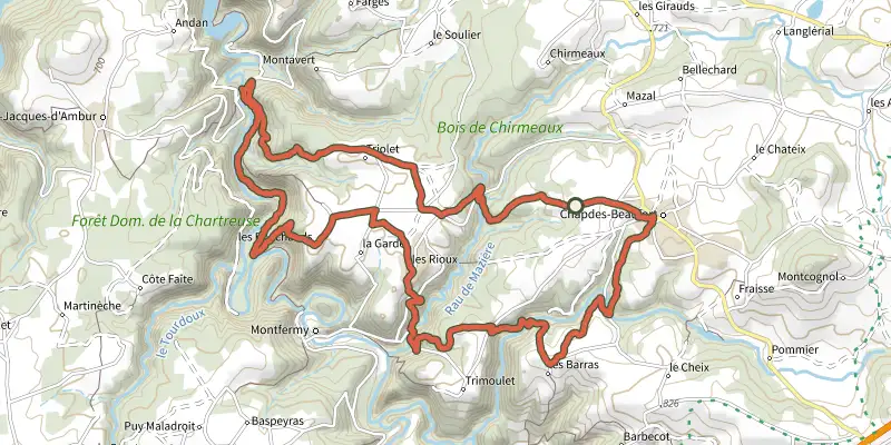 Carte du tracé de Sur les Pas des Chartreux sur le Plan IGN, départ et points de passage numérotés