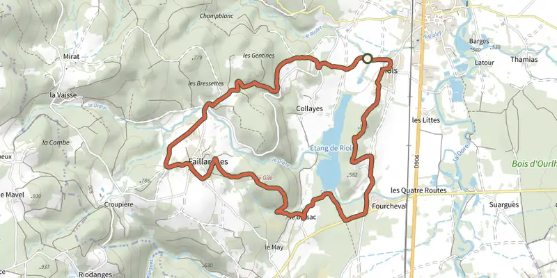 Map of the Riols track on the IGN map, with the start and numbered waypoints