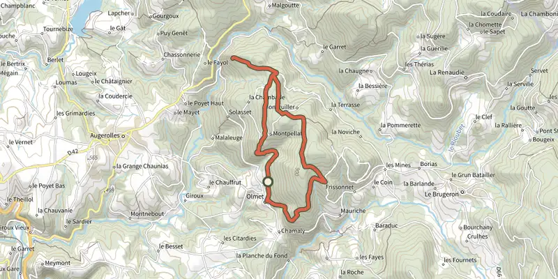 Carte du tracé de Le Château de la Faye sur le Plan IGN, départ et points de passage numérotés