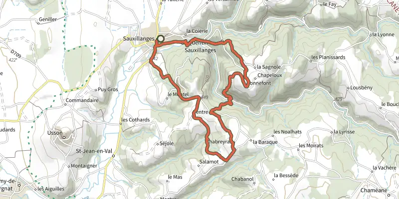 Carte du tracé de La Vallee du Civadoux sur le Plan IGN, départ et points de passage numérotés