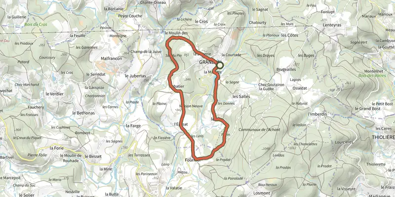 Map of the Le Moulin des Donnes track on the IGN map, with the start and numbered waypoints