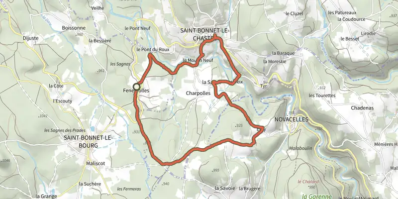Map of the Le Pont du Roux track on the IGN map, with the start and numbered waypoints