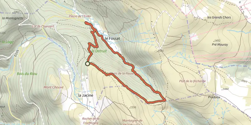 Map of the La Vallee du Fossat track on the IGN map, with the start and numbered waypoints