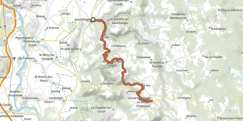 Map of the Sauxillanges - Le Vernet-la-Varenne track on the IGN map, with the start and numbered waypoints