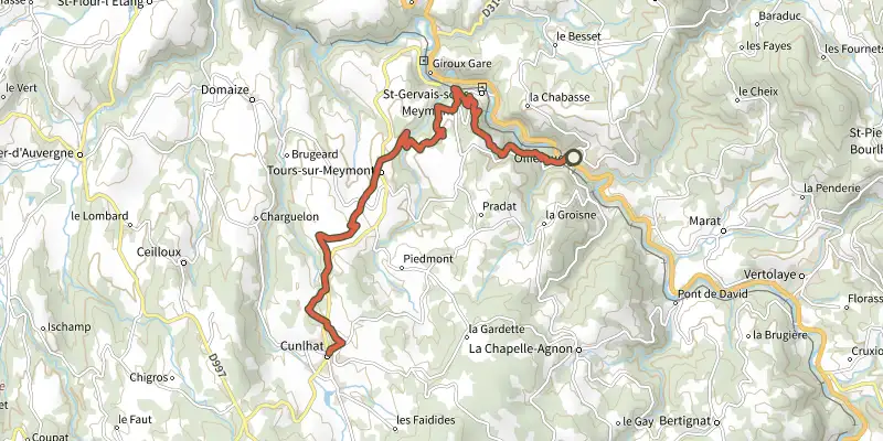 Carte du tracé de Olliergues / Cunlhat sur le Plan IGN, départ et points de passage numérotés