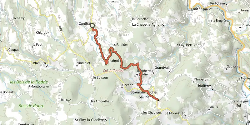 Map of the Cunlhat / Saint-Amant-Roche-Savine track on the IGN map, with the start and numbered waypoints