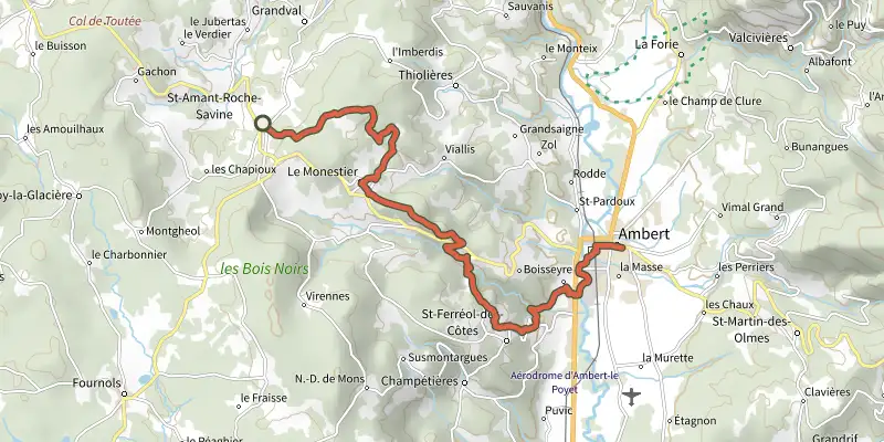 Carte du tracé de Saint-Amant-Roche-Savine / Ambert sur OpenTopoMap, départ et points de passage numérotés
