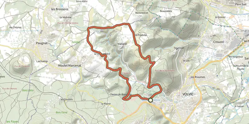 Map of the Impluvium de Volvic track on the IGN map, with the start and numbered waypoints