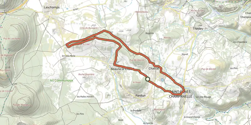 Carte du tracé de Autour de Chatrat sur le Plan IGN, départ et points de passage numérotés