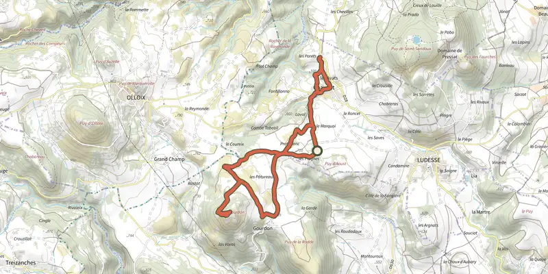 Carte du tracé de Le Puy de Gourdon sur le Plan IGN, départ et points de passage numérotés