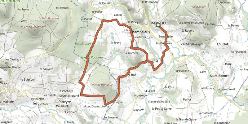 Carte du tracé de Le Puy de Ceveloux sur le Plan IGN, départ et points de passage numérotés