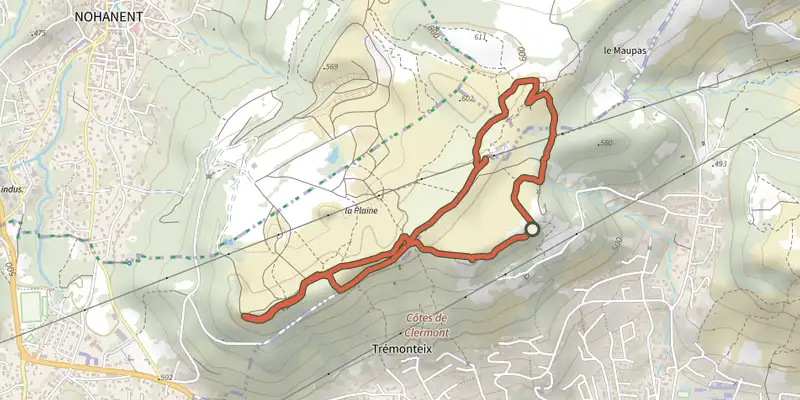 Map of the Les Côtes de Clermont track on the IGN map, with the start and numbered waypoints