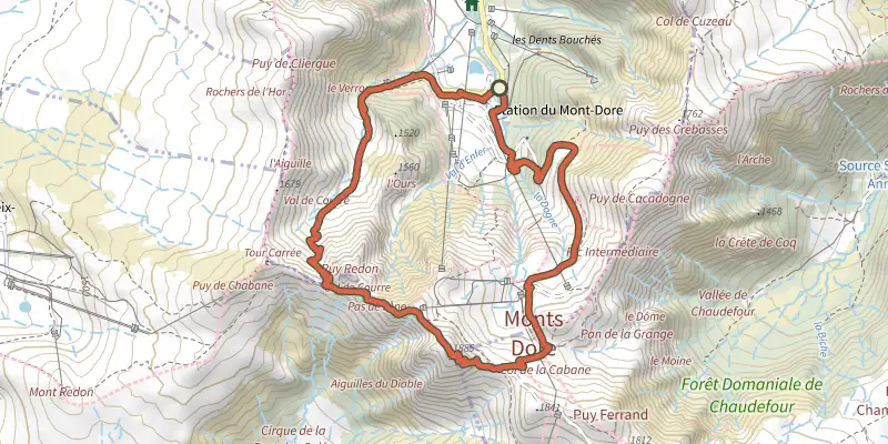 Map of the Le Puy de Sancy track on the IGN map, with the start and numbered waypoints