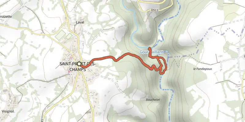 Carte du tracé de La Cascade de Saint-Priest-des-Champs sur le Plan IGN, départ et points de passage numérotés