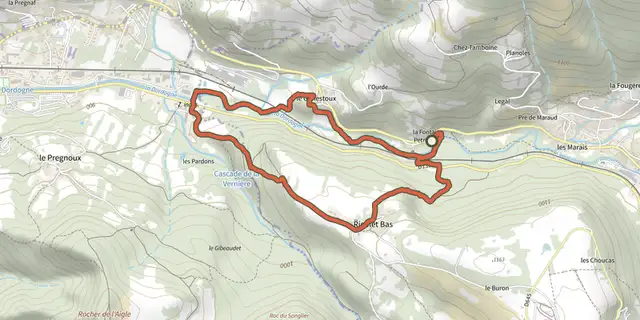 The Les Sources de la Dordogne track on the IGN map