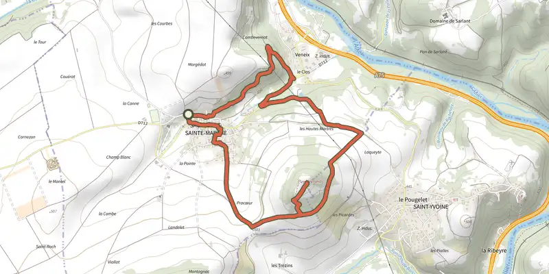 Map of the Le Puy Neyrand track on the IGN map, with the start and numbered waypoints