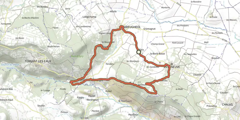 Carte du tracé de La Chaux et le Bois de Jaby sur le Plan IGN, départ et points de passage numérotés