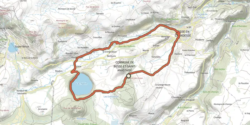 Carte du tracé de La Couze et le lac Pavin sur le Plan IGN, départ et points de passage numérotés