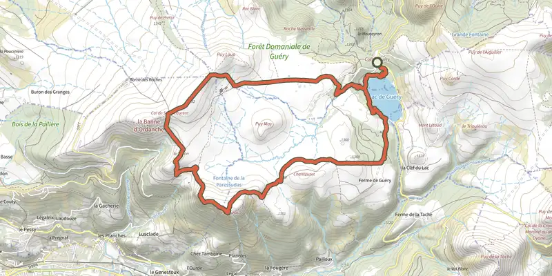 Map of the Le plateau du Guery track on the IGN map, with the start and numbered waypoints