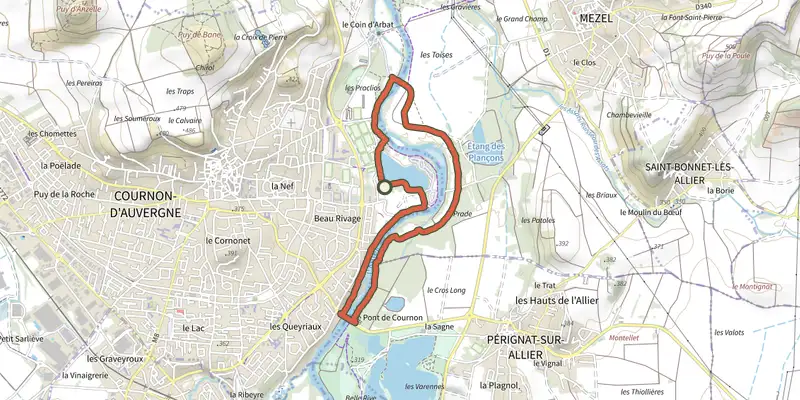 Carte du tracé de Les Bords de l'Allier sur le Plan IGN, départ et points de passage numérotés