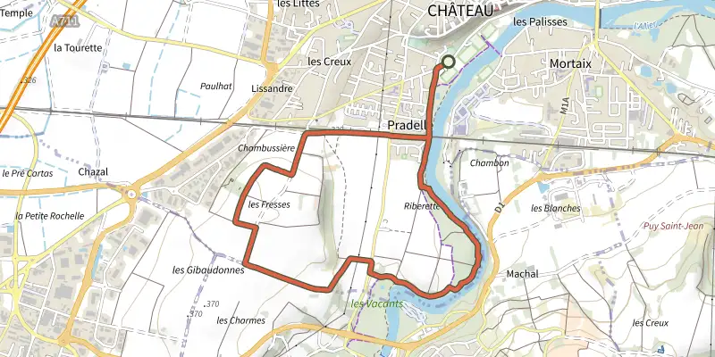 Carte du tracé de Des falaises de Marchal au plateau de Cortal sur le Plan IGN, départ et points de passage numérotés