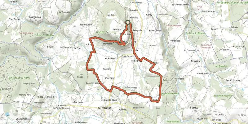 Carte du tracé de La butte de Saint-Gulmier sur le Plan IGN, départ et points de passage numérotés