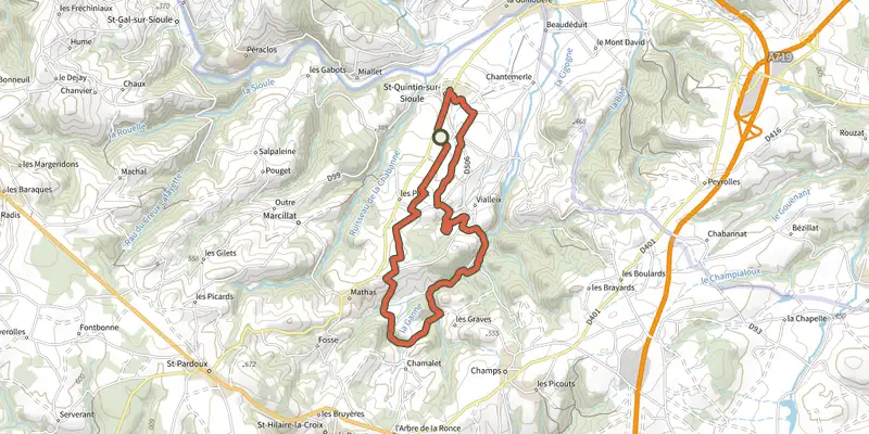 Map of the La source de Charponne track on the IGN map, with the start and numbered waypoints