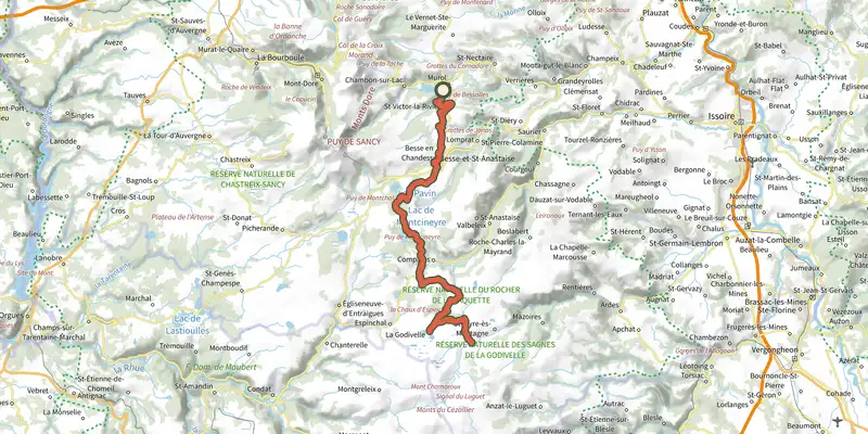 Carte du tracé de GTMC VTT15 Murol / St-Alyre es Montagne sur le Plan IGN, départ et points de passage numérotés