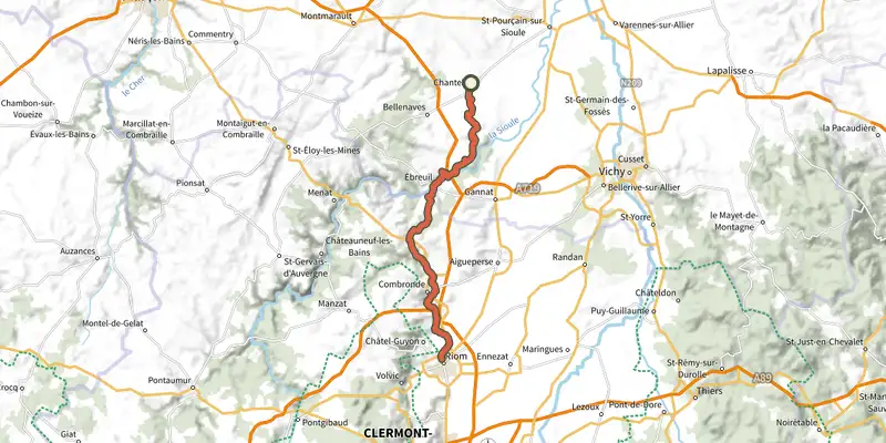 Map of the GTMC VTT10 Chantelle / Riom track on the IGN map, with the start and numbered waypoints