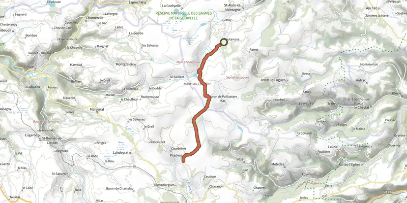 Map of the Tour des vaches rouges track on the IGN map, with the start and numbered waypoints
