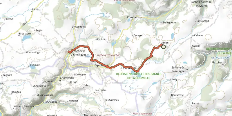 Carte du tracé de Tour des vaches rouges sur le Plan IGN, départ et points de passage numérotés