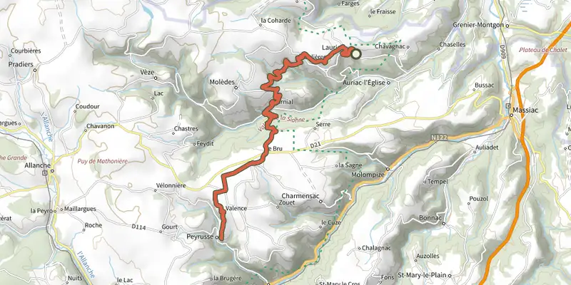 Carte du tracé de Tour des vaches rouges sur le Plan IGN, départ et points de passage numérotés