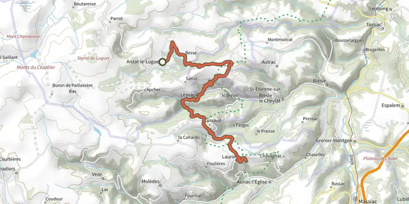 Map of the Tour des vaches rouges track on the IGN map, with the start and numbered waypoints