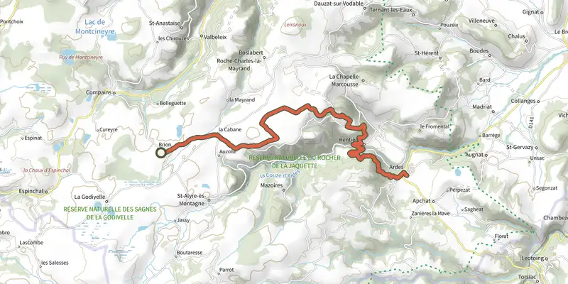 Map of the Tour des vaches rouges Variante 63 track on OpenTopoMap, with the start and numbered waypoints