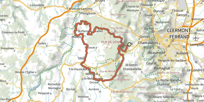 Map of the Boucle des Dômes 62 km Version longue sans liaison track on the IGN map, with the start and numbered waypoints