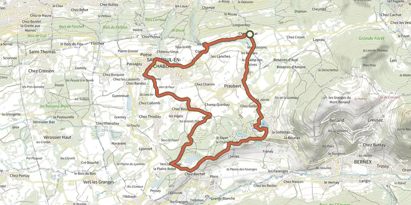 Carte du tracé de Aux alentours de Saint-Paul sur le Plan IGN, départ et points de passage numérotés