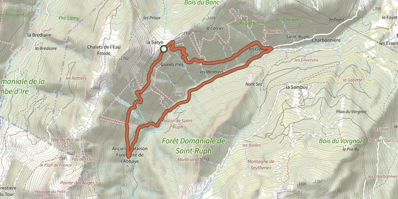 Map of the Boucle de la Servaz track on the IGN map, with the start and numbered waypoints