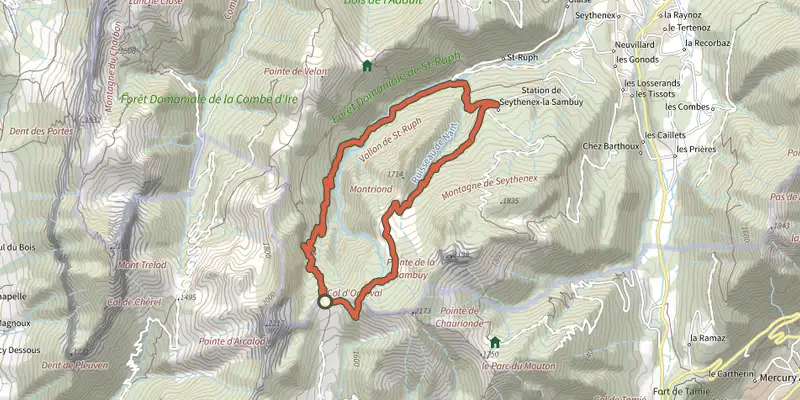 Map of the Boucle du Col d'Orgeval track on the IGN map, with the start and numbered waypoints