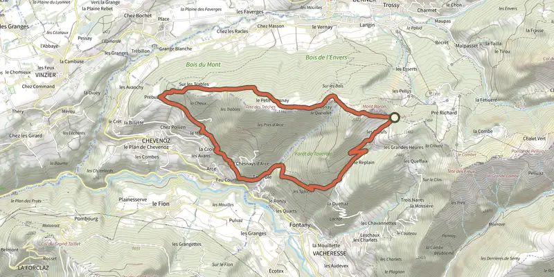 Carte du tracé de Entre lac et alpages sur le Plan IGN, départ et points de passage numérotés