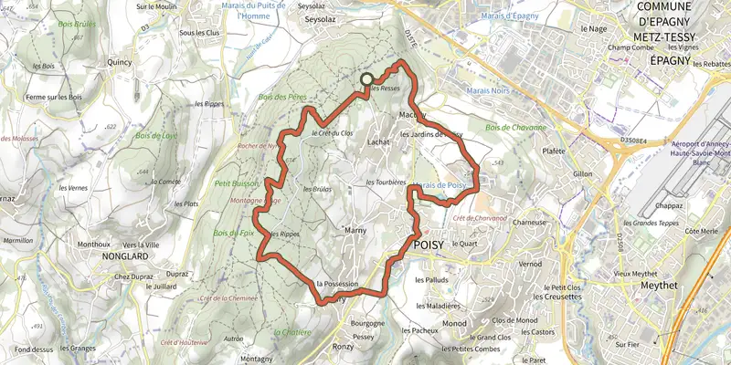 Map of the Entre Marais et Montagne d'Age track on the IGN map, with the start and numbered waypoints