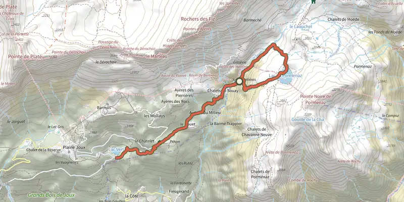 Map of the Lac de Pormenaz track on the IGN map, with the start and numbered waypoints