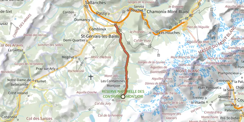 Carte du tracé de Le Val Montjoie sur le Plan IGN, départ et points de passage numérotés
