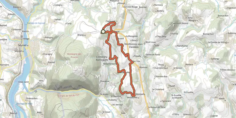 Map of the Les Portes de l'Albanais track on the IGN map, with the start and numbered waypoints