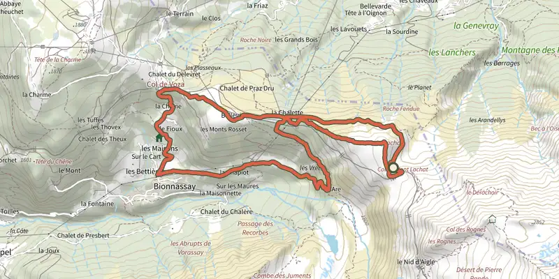 Carte du tracé de Mont Lachat sur le Plan IGN, départ et points de passage numérotés