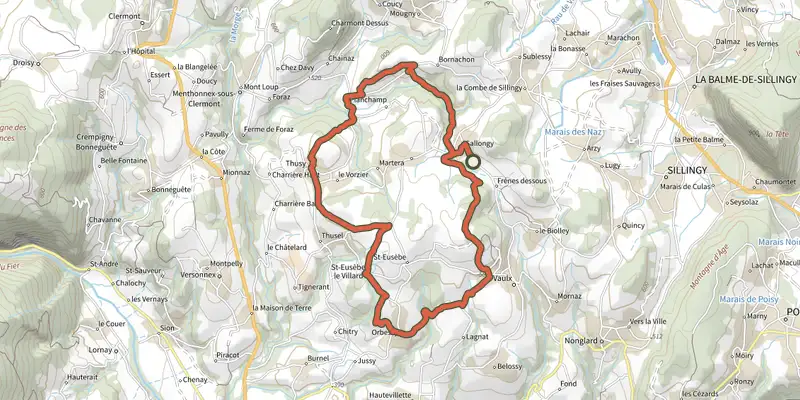 Carte du tracé de Projet boucle Pédestre Nord sur le Plan IGN, départ et points de passage numérotés