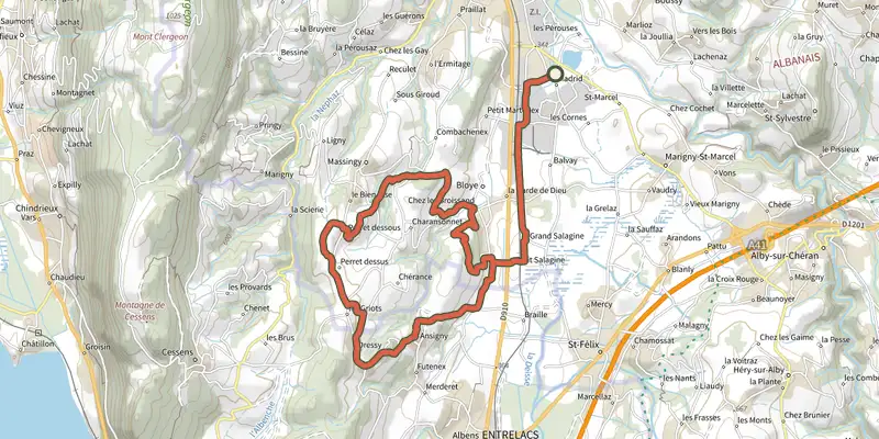 Map of the Projet sentier VTT rouge track on the IGN map, with the start and numbered waypoints