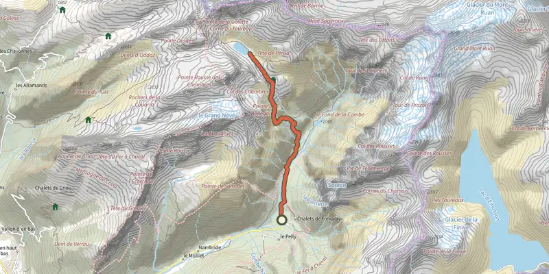 Carte du tracé de Refuge et lac de la Vogealle sur le Plan IGN, départ et points de passage numérotés